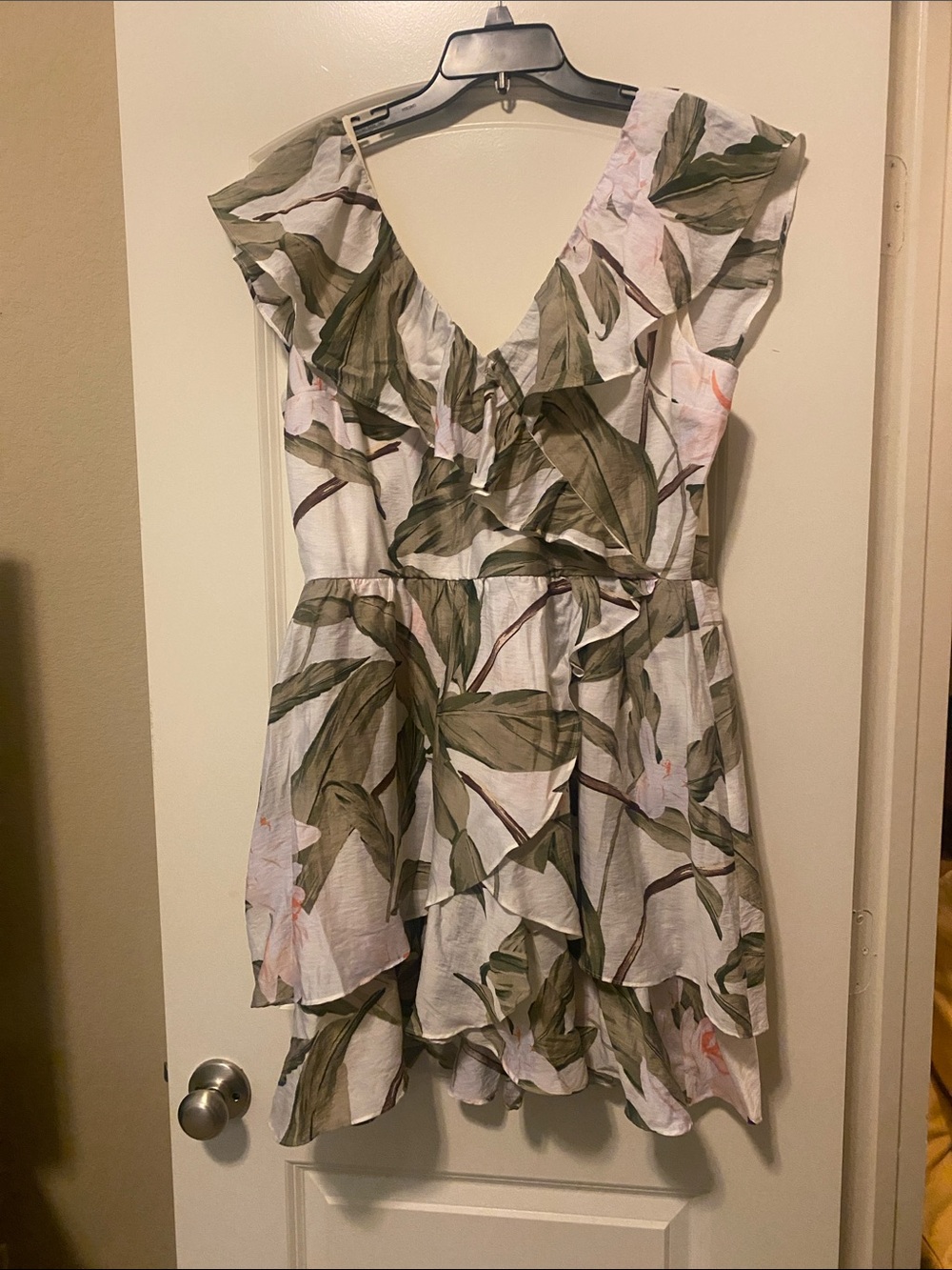 Express White Floral Ruffle Wrap Dress with Green Leaf Print
